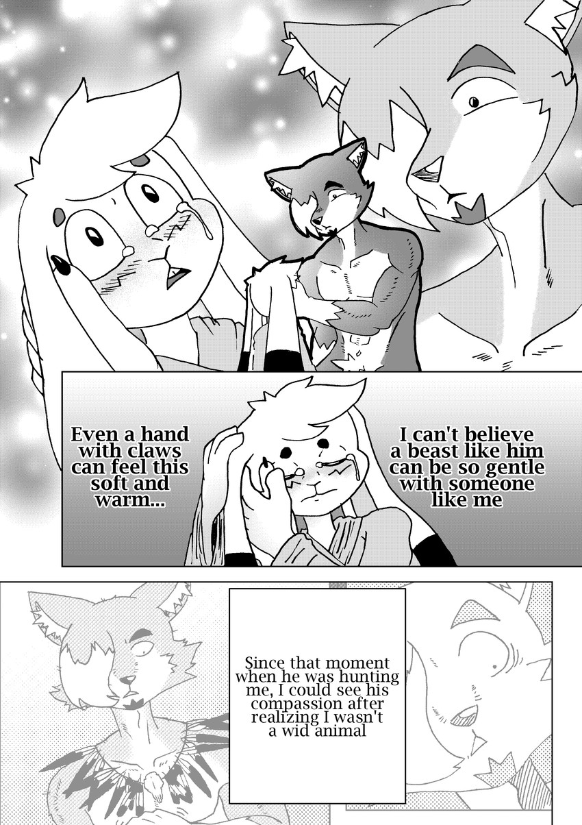 accessory ainu_clothing anthro beard belt big_ears big_feet blush bodily_fluids bone buckteeth clothing collar countershade_face countershade_fur countershade_torso countershading dialogue facial_hair fangs feet female floppy_ears fur hair headband male muscular muscular_anthro muscular_male one_eye_obstructed predator/prey simple_background skull tears tears_of_sadness teeth text white_background white_body white_fur white_hair efradraws northwind_(efradraws) isepo_(efradraws) uspul_(efradraws) canid canine canis lagomorph leporid mammal rabbit wolf absurd_res black_and_white comic digital_media_(artwork) english_text halftone hi_res monochrome