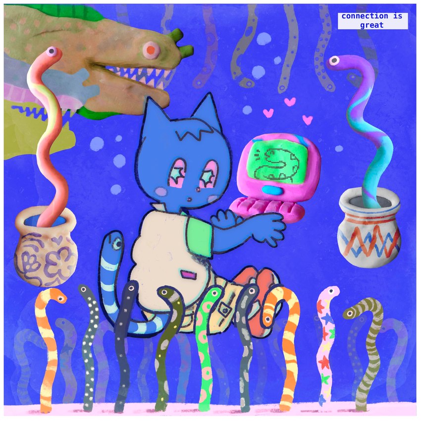 ambiguous_gender anthro border bubble clothed clothing computer electronics feral fully_clothed group heart_symbol looking_at_viewer looking_back looking_back_at_viewer superflat tail text underwater unusual_anatomy unusual_tail water white_border y2k_(graphic_design) plastiboo plasti_(plastiboo) domestic_cat eel felid feline felis fish mammal marine 2021 collage_(artwork) digital_drawing_(artwork) digital_media_(artwork) english_text hi_res mixed_media sculpture_(artwork) traditional_media_(artwork)