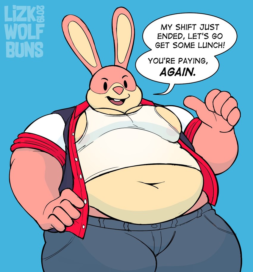 anthro belly belly_overhang big_belly blue_background bottomwear clothed clothing cyan_background financial_domination grinning_at_viewer jacket looking_at_viewer male overweight overweight_male pants raised_clothing raised_shirt raised_tank_top raised_topwear shirt shirt_up simple_background solo speech_bubble talking_to_viewer tank_top text topwear wolfbuns nintendo nintendo_badge_arcade arcade_bunny lagomorph leporid mammal rabbit digital_media_(artwork) english_text hi_res