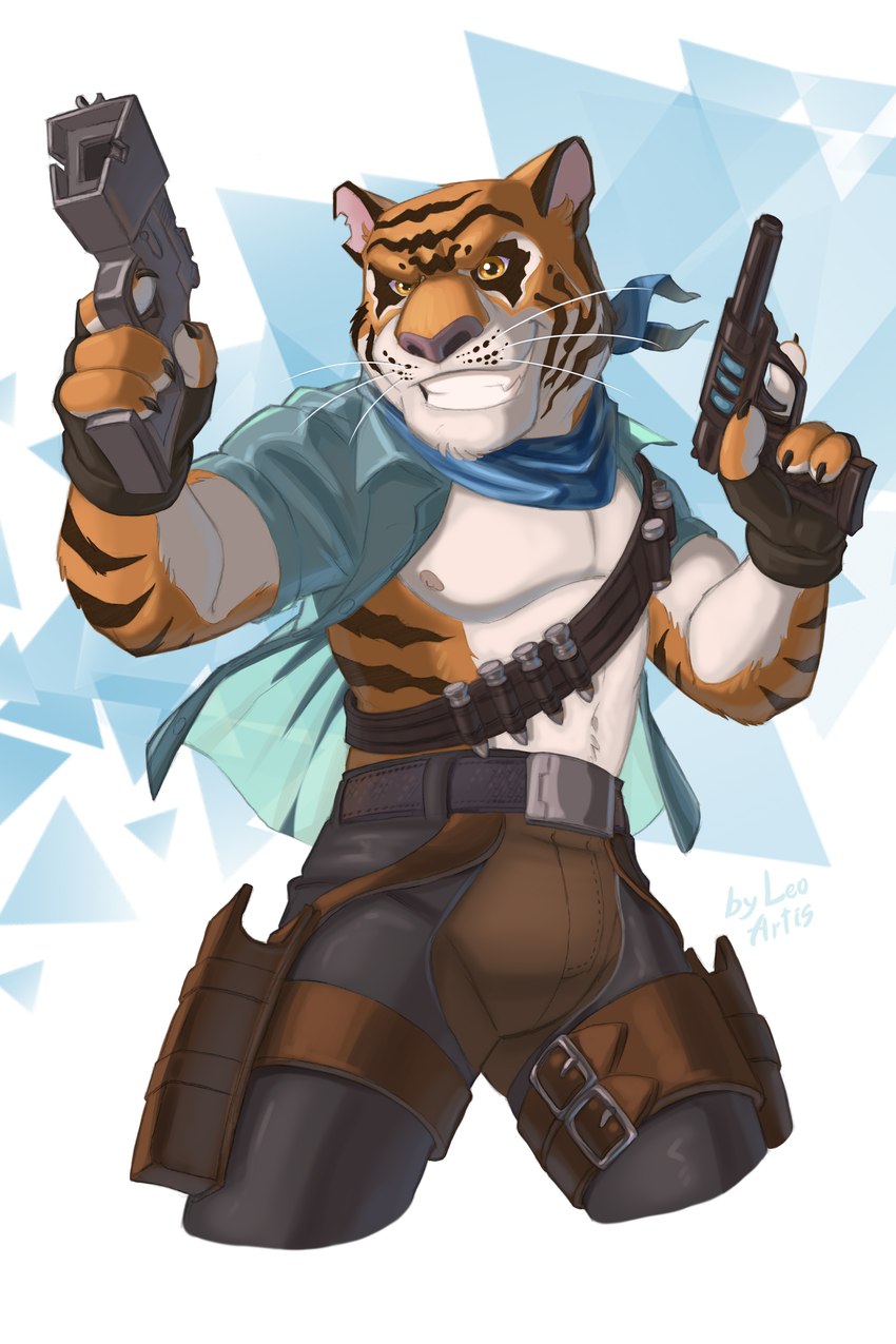 ammo_belt ammunition anthro blasters bottomwear bulge clothed clothing dual_wielding fur gradient_background gun holding_object holding_weapon male muscular muscular_anthro muscular_male open_clothing open_shirt open_topwear pants ranged_weapon shirt simple_background solo striped_body striped_fur stripes teeth topwear triangle_(shape) weapon white_background leo-artis teenage_mutant_ninja_turtles tiger_claw_(tmnt) felid mammal pantherine tiger 2022 absurd_res hi_res