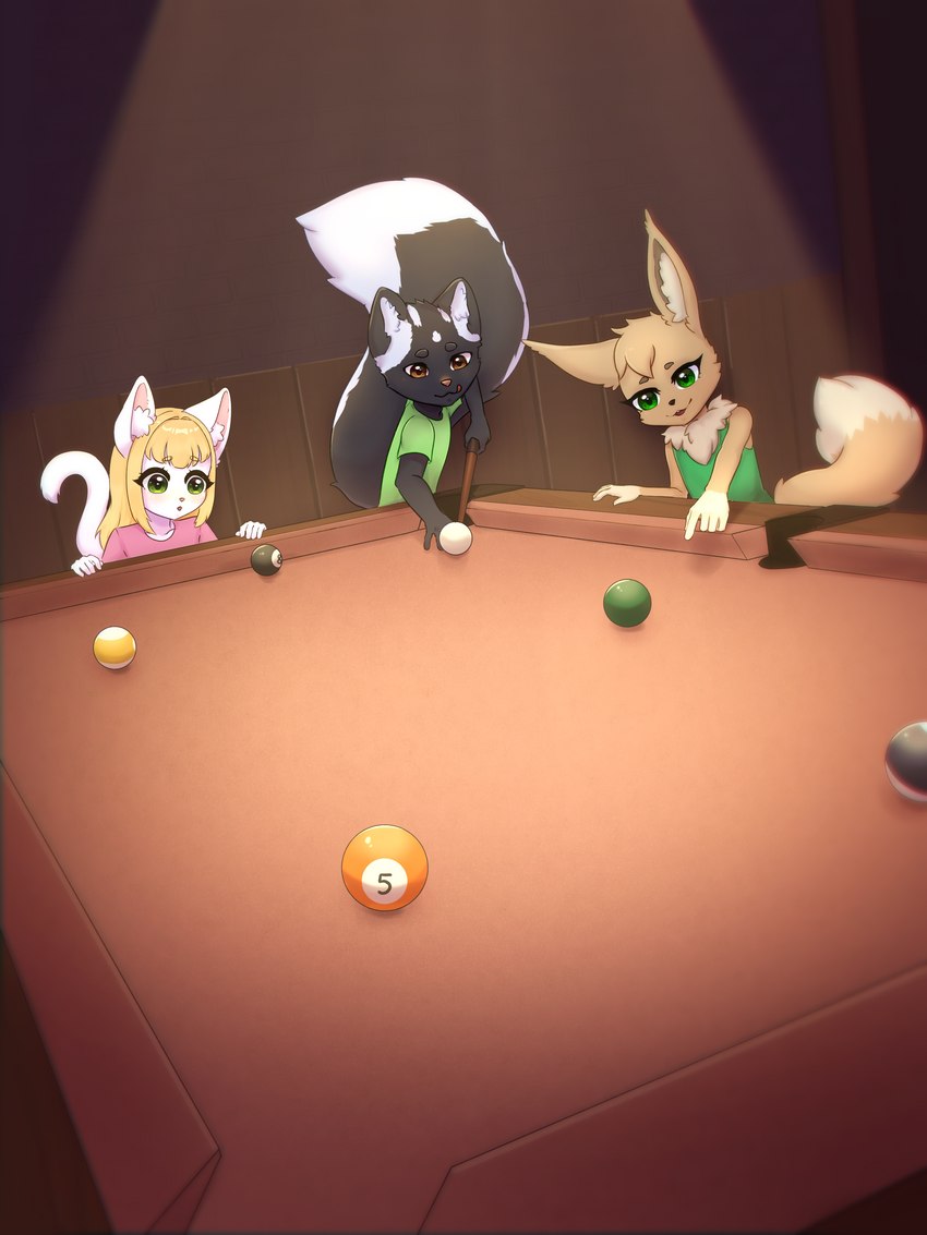 5_ball 5_fingers 6_ball 8_ball 9_ball anthro ball big_tail billiard_ball billiard_table black_body black_fur blonde_hair brown_eyes clothing collarbone cue_ball cue_stick dipstick_tail female fingers fluffy fluffy_tail front_view fur furniture gesture gloves_(marking) green_clothing green_eyes green_shirt green_t-shirt green_tank_top green_topwear group hair hand_gesture inner_ear_fluff light male markings multicolored_body multicolored_fur multicolored_tail neck_tuft pink_clothing pink_shirt pink_t-shirt pink_topwear pointing shirt slim_anthro slim_female smile t-shirt table tail tail_markings tan_body tan_fur tank_top topwear tuft two_tone_body two_tone_fur white_body white_fur young psi_(artist) nintendo pokemon ann_(psi) lemmy_(lemmy_niscuit) tahla_(tahla) domestic_cat eevee felid feline felis generation_1_pokemon mammal mephitid pokemon_(species) skunk spotted_skunk 3:4 absurd_res hi_res