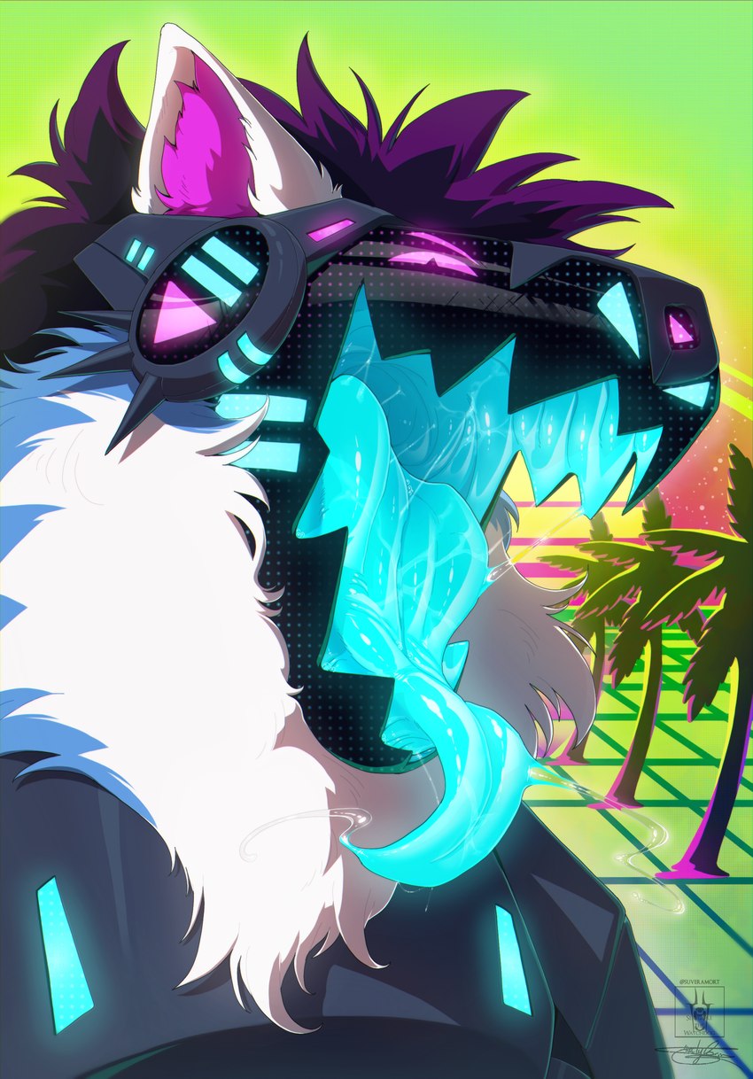 anthro armor blue_body blue_fur bodily_fluids cyan_mouth female fur glowing hair machine mouth_shot open_mouth purple_hair saliva solo vaporwave visor white_body white_fur seregore protogen absurd_res hi_res