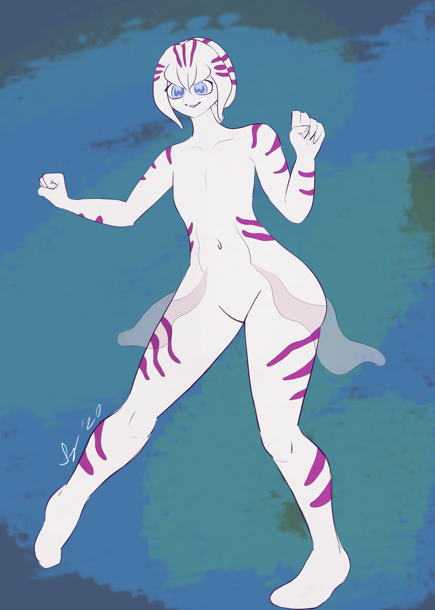 ambiguous_gender anthro bangs blue_eyes featureless_chest featureless_crotch featureless_feet feet flat_chested navel pseudo_hair smile solo stripes tentacle_hair tentacles softschwarz orchid_(softschwarz) cephalopod coleoid cuttlefish decapodiform marine mollusk absurd_res hi_res female_(lore)