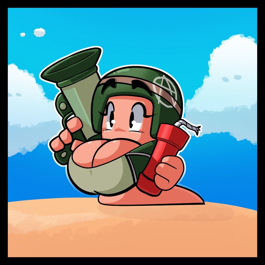 4_fingers armor big_breasts black_border blue_sky border breasts clothing cloud combat_helmet day dynamite explosives eyelashes female feral fingers headgear helmet holding_dynamite holding_object holding_ranged_weapon holding_weapon huge_breasts limbless noseless outside ranged_weapon rocket_launcher sky solo toony topwear weapon banjacks worms_(series) worm worm_(worms) digital_drawing_(artwork) digital_media_(artwork) hi_res
