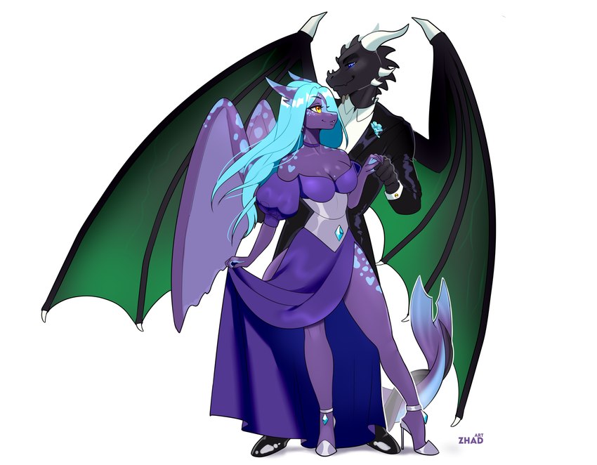 anthro black_tie_(suit) blue_hair breasts clothed clothing dancing dress duo elegant female footwear hair high_heels horn jewelry long_hair male male/female membrane_(anatomy) membranous_wings pose romantic shoes simple_background smile suit tail thick_thighs wings waltz zhadart mythology dragon mythological_creature mythological_scalie scalie digital_media_(artwork) hi_res pinup