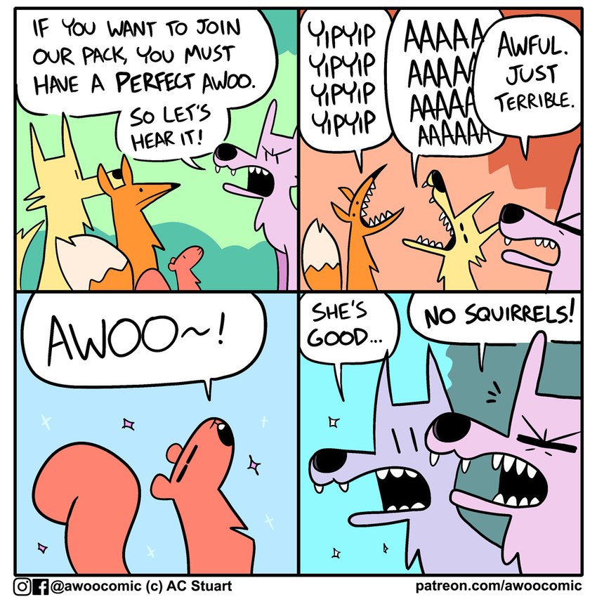 aaaaaaaaaaa ambiguous_gender animal_noises awoo base_two_layout blue_background conditional conjoined_speech_bubble dialogue emanata eyebrows eyes_closed fangs feral four_frame_grid four_frame_image fur grid_layout group howl onomatopoeia open_mouth orange_body orange_fur orange_tail pink_body pink_fur regular_grid_layout simple_background size_difference sound_effects sparkles species_in_dialogue speech_bubble tail talking_to_another teeth text two_row_layout white_tail yelling yellow_body yellow_fur yipping ac_stuart noob_the_loser awoo_(ac_stuart) kevin_(ac_stuart) pink_wolf_(ac_stuart) canid canine canis coyote fox mammal rodent sciurid tree_squirrel wolf 1:1 comic english_text url female_(lore) male_(lore)