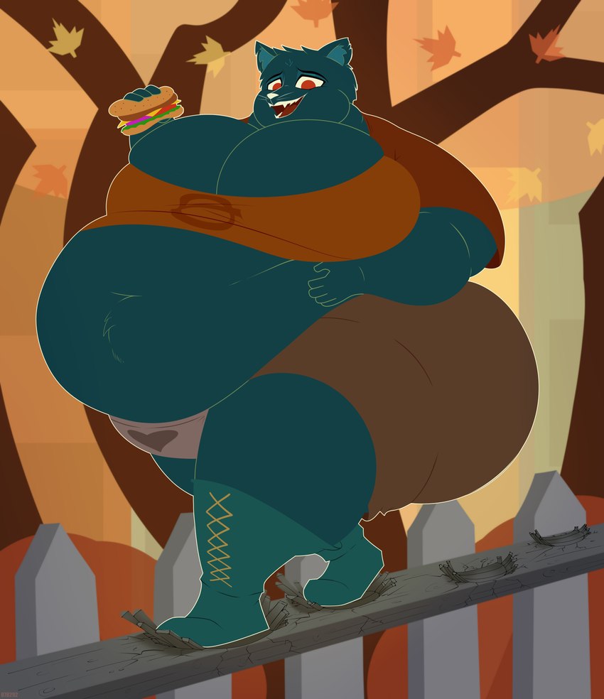 5_fingers anthro autumn autumn_leaves belly belly_tuft big_belly big_breasts big_butt boots bottomwear breasts burger butt cleavage clothed clothing ear_tuft female fence fingers food footwear head_tuft heart_clothing heart_panties heart_symbol heart_underwear holding_burger holding_food holding_object huge_belly huge_breasts huge_butt hyper hyper_butt looking_down morbidly_obese morbidly_obese_anthro morbidly_obese_female navel obese obese_anthro obese_female open_mouth open_smile outline outside overweight overweight_anthro overweight_female panties pants plant red_eyes sharp_teeth shirt shoes smile solo t-shirt teeth three-quarter_view topwear tree tuft underwear walking whiskers yellow_sclera 878292_(artist) night_in_the_woods mae_borowski domestic_cat felid feline felis mammal 2024 absurd_res hi_res