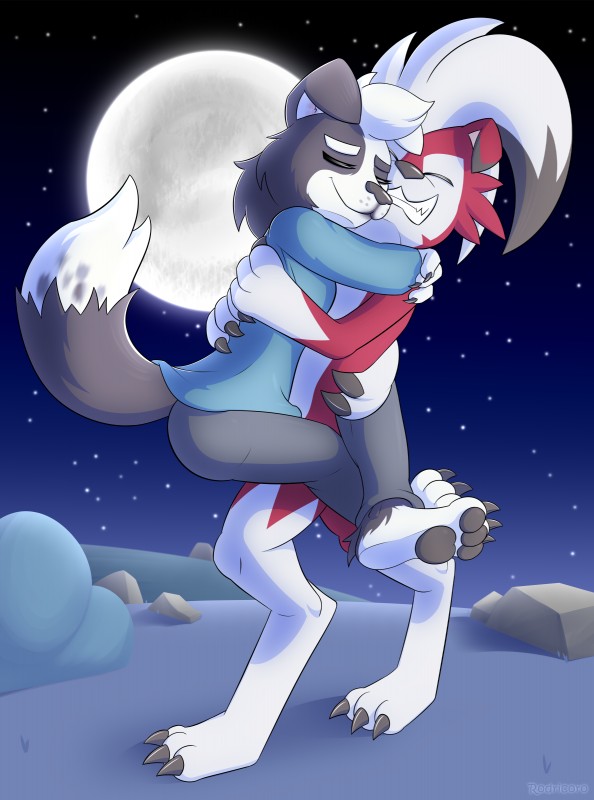 ambiguous_gender anthro clothed clothing detailed_background duo female fully_clothed hug nude outside sky rodricoro nintendo pokemon sephie_(anirecast) border_collie canid canine canis collie domestic_dog generation_7_pokemon herding_dog lycanroc mammal midnight_lycanroc pastoral_dog pokemon_(species) sheepdog absurd_res hi_res