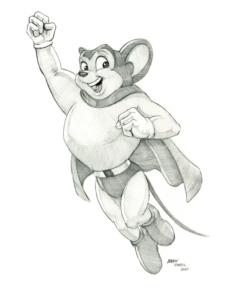 4_fingers anthro cape clothed clothing fingers footwear gloves handwear looking_at_viewer male open_mouth open_smile smile solo superhero baron_engel mighty_mouse mighty_mouse_(character) mammal mouse murid murine rodent 2023 graphite_(artwork) hi_res monochrome traditional_media_(artwork)