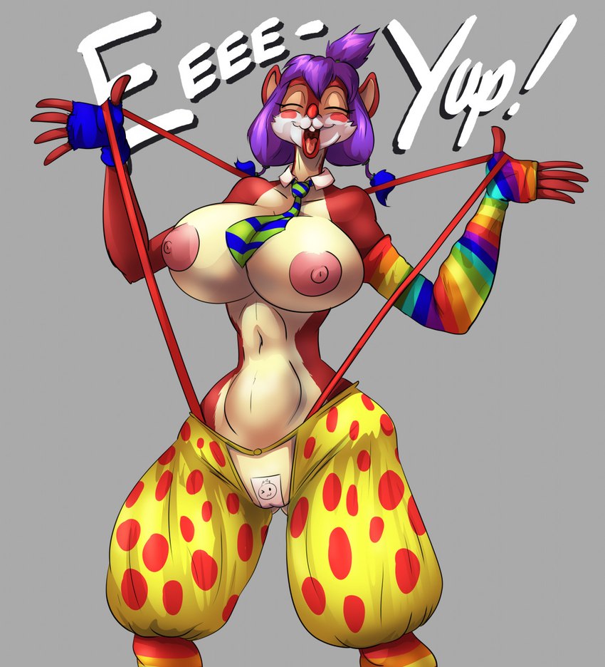 anthro areola big_breasts blue_clothing blue_gloves blue_handwear blue_necktie blush blush_stickers bottomwear breasts brown_body brown_fur buckteeth camel_toe clothed clothing clown clown_nose crotchless_bottomwear crotchless_clothing crotchless_pants dialogue eyelashes eyes_closed female fingerless_gloves fur gloves green_necktie grey_background hair handwear huge_breasts lips mostly_nude navel necktie nipples open_mouth pants pattern_necktie pink_areola pink_nipples polka_dot_clothing purple_hair pussy_tape red_bottomwear red_clothing red_nose red_pants simple_background small_waist solo striped_necktie suspenders tan_body tan_fur tape teeth text thick_thighs topless wide_hips yellow_bottomwear yellow_clothing yellow_pants thebigbadwolf01 mammal rodent sciurid tree_squirrel hi_res