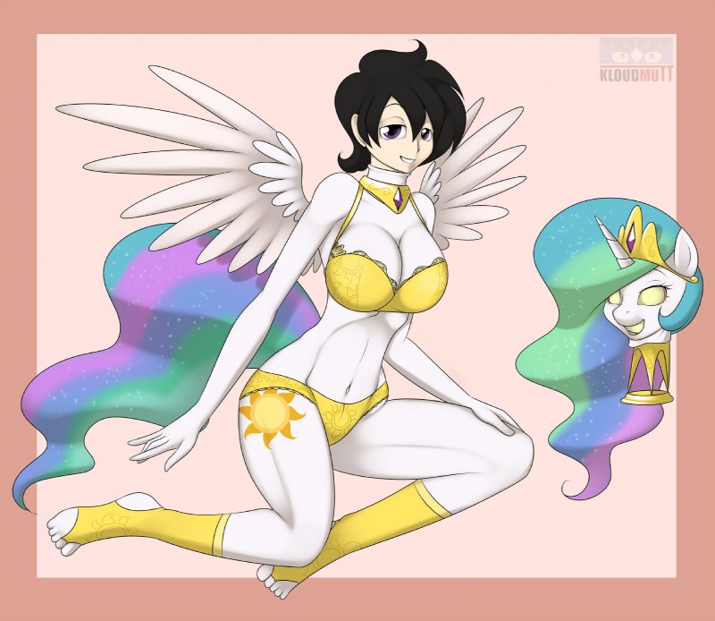 big_breasts black_hair breasts clothing cosplay costume crown cutie_mark feathered_wings feathers female footwear gold_(metal) hair headgear horn jewelry legwear multicolored_hair necklace not_furry princess purple_eyes royalty sitting socks solo sparkles sun_pattern tail white_body white_feathers wings kloudmutt friendship_is_magic hasbro my_little_pony mythology princess_celestia_(mlp) equid equine human mammal mythological_creature mythological_equine winged_unicorn digital_media_(artwork) hi_res