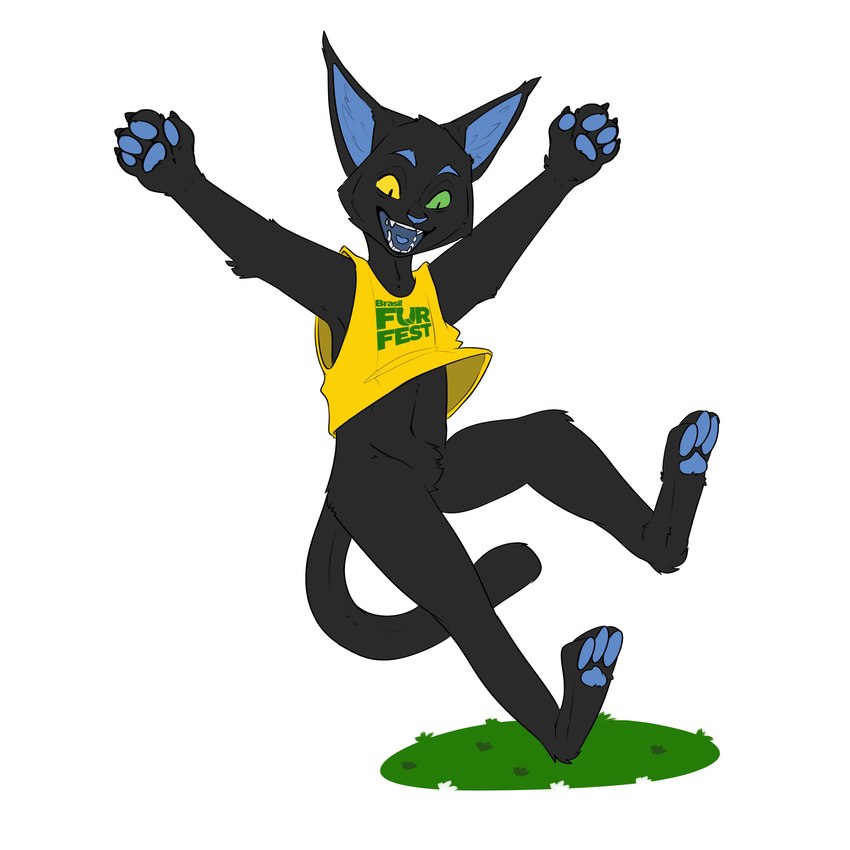 anthro biped black_body black_fur blue_nose blue_pawpads bottomless bottomless_anthro bottomless_male brazil brazilian clothed clothing fangs fur fur_tuft green_eyes heterochromia male pawpads solo tail teeth text text_on_clothing text_on_topwear topwear tuft yellow_clothing yellow_eyes yellow_topwear nyasu brasil_furfest bombom_(brasil_furfest) domestic_cat felid feline felis mammal 1:1 absurd_res hi_res