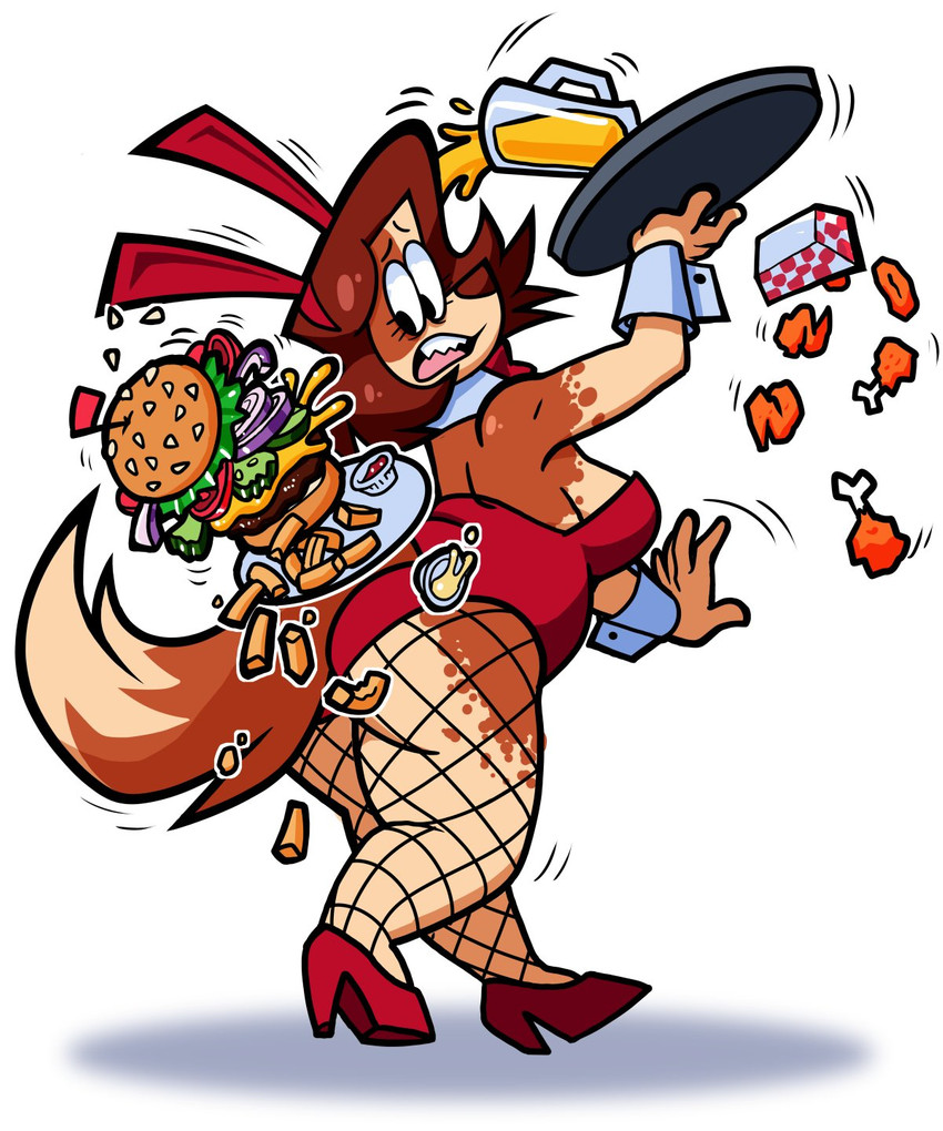 anthro beverage bunny_costume burger butt chicken_meat clothing costume fast_food female fishnet_clothing fishnet_legwear food footwear fried_chicken fries high_heels legwear meat shoes solo waiter galactabee nikki_(galactabee) canid canine canis domestic_dog mammal 2020 5:6 hi_res