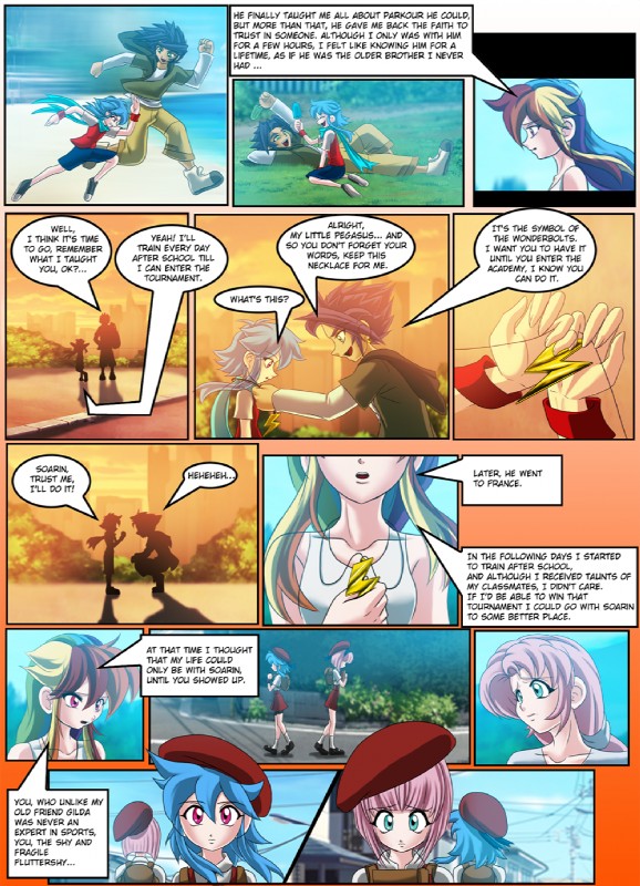 alternate_species blue_hair clothed clothing dialogue female flashback food hair hat headgear headwear humanized jewelry male necklace popsicle running scarf school_uniform text uniform young mauroz friendship_is_magic hasbro my_little_pony fluttershy_(mlp) rainbow_dash_(mlp) soarin_(mlp) wonderbolts_(mlp) human mammal comic english_text hi_res