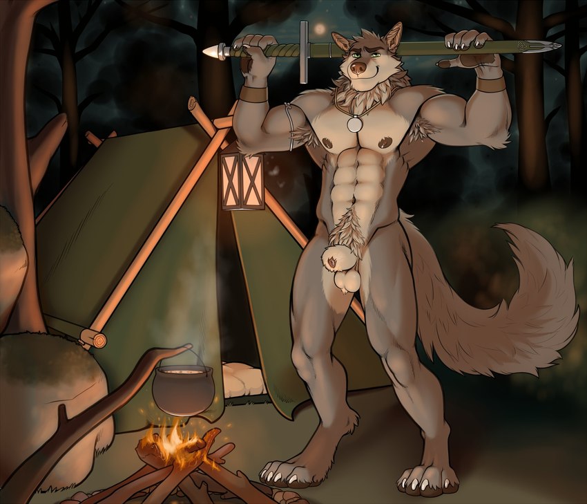 abs anatomically_correct anatomically_correct_genitalia animal_genitalia anthro armpit_hair armpit_tuft balls body_hair camping camping_tent campsite celtic_knot claws closed_sheath_slit detached_sheath detailed_background digitigrade finger_claws forest forest_background fully_sheathed fur genitals green_eyes green_scabbard head_tuft holding_object holding_weapon jewelry looking_at_viewer male melee_weapon multicolored_body multicolored_fur muscular muscular_anthro muscular_male nature nature_background navel neck_tuft nipples nude pawpads pendant pink_sheath_slit plant pubic_fuzz scabbard sheath sheath_slit sheathed_sword sheathed_weapon smile solo sword tent toe_claws tree tuft two_tone_body two_tone_fur weapon y_sheath_opening possumpecker far_beyond_the_world_(series) ranok_(far_beyond_the_world) canid canine canis mammal wolf hi_res