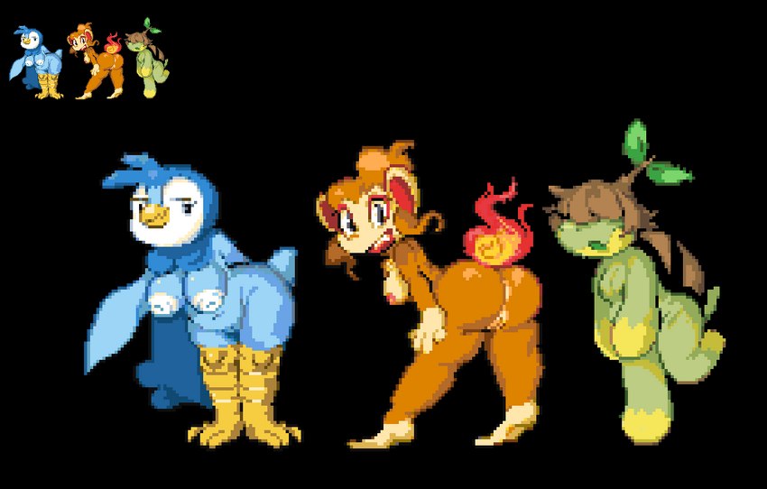 anthro anthrofied beak big_breasts blue_body breasts female fire flaming_tail fur genitals group inverted_nipples nipples nude open_mouth plant pussy tail pester nintendo pokemon avian bird chimchar generation_4_pokemon mammal piplup pokemon_(species) primate turtwig alpha_channel