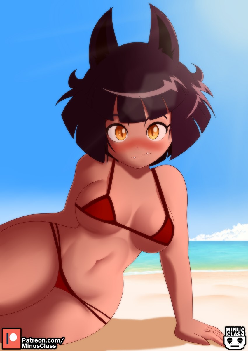 animal_ears beach bikini bikini_bottom bikini_top black_ears black_hair blush breasts clothing fangs female hair looking_at_viewer navel not_furry pupils red_bikini red_clothing red_swimwear sea seaside slit_pupils solo swimwear tan_body tan_skin teeth two-piece_swimsuit water yellow_eyes minus_class high_guardian_spice olive_(high_guardian_spice) animal_humanoid cat_humanoid felid felid_humanoid feline feline_humanoid humanoid mammal mammal_humanoid 2022 absurd_res digital_drawing_(artwork) digital_media_(artwork) hi_res portrait three-quarter_portrait