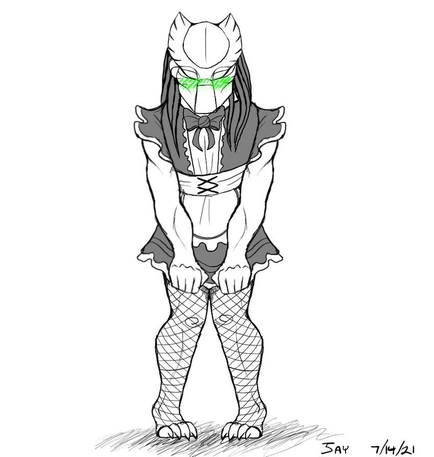 anthro bent_legs blush blush_lines bottomwear bottomwear_pull clothing clothing_pull dreadlocks embarrassed femboy fishnet_clothing fishnet_legwear legwear maid_uniform male mask shy simple_background skirt skirt_pull solo thick_thighs uniform white_background sasha_demogorgon predator_(franchise) alien yautja monochrome