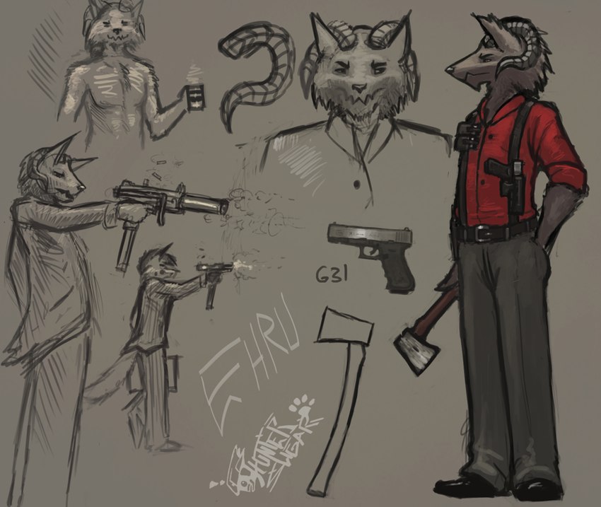 anthro axe belt beverage brown_body brown_fur bullet_casing clothed clothing curved_horn dress_shirt duo firing_weapon footwear front_view fur glare gun hand_in_pocket handgun holding_axe holding_beverage holding_briefcase holding_gun holding_handgun holding_object holding_pistol holding_ranged_weapon holding_submachine_gun holding_weapon holstered_pistol horn male pistol pockets pointy_ears ranged_weapon shirt shoes side_view simple_background smile suit t_view topless topless_male topwear weapon sligarthetiger ehru_(sligarthetiger) sligar canid canine canis fox hybrid mammal suveghn wolf 2012 character_name digital_media_(artwork) model_sheet signature sketch_page