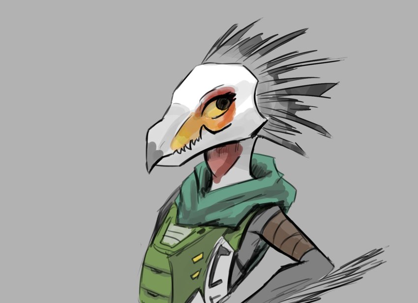 anthro arm_tuft arm_wraps armor avian_caruncle beak breastplate brown_eyes fangs feather_hair feather_tuft feathered_crest feathers female green_armor grey_body grey_feather_hair grey_feathers grey_skin head_crest kerchief looking_at_viewer pseudo_hair shemagh simple_background solo teeth tuft wraps yellow_sclera akilae06 halo_(series) microsoft xbox_game_studios vel_(akilae06) alien avian kig-yar scalie t'vaoan bust_portrait colored hi_res portrait