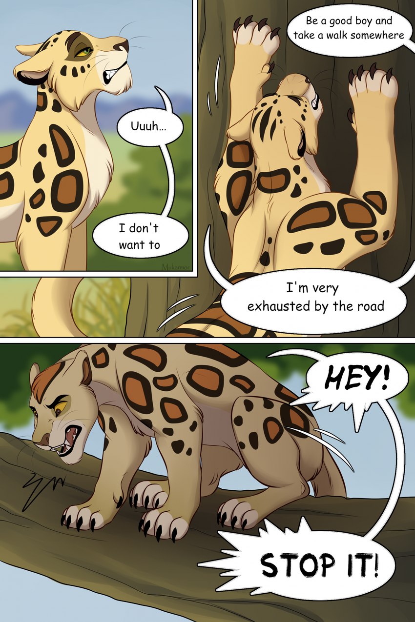 claws dialogue duo feral fur good_boy looking_at_another male markings nature outside paws plant savanna screaming speech_bubble spots spotted_body spotted_fur text tree whiskers mukarmor disney the_lion_guard the_lion_king badili makucha felid leopard mammal pantherine 2023 comic digital_media_(artwork) english_text hi_res