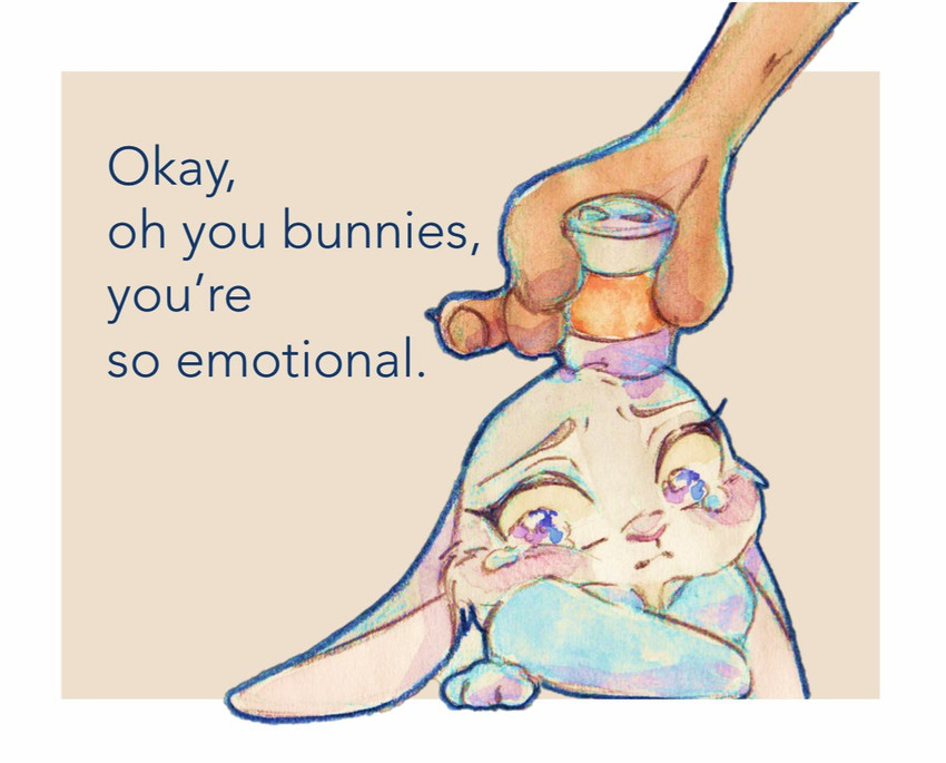 anthro blush bodily_fluids border brown_body brown_fur can container disembodied_hand duo female fur grey_body grey_fur simple_background tan_background tears text white_border strawberry628_(artist) disney zootopia judy_hopps lagomorph leporid mammal rabbit 2020 english_text painting_(artwork) traditional_media_(artwork) watercolor_(artwork)