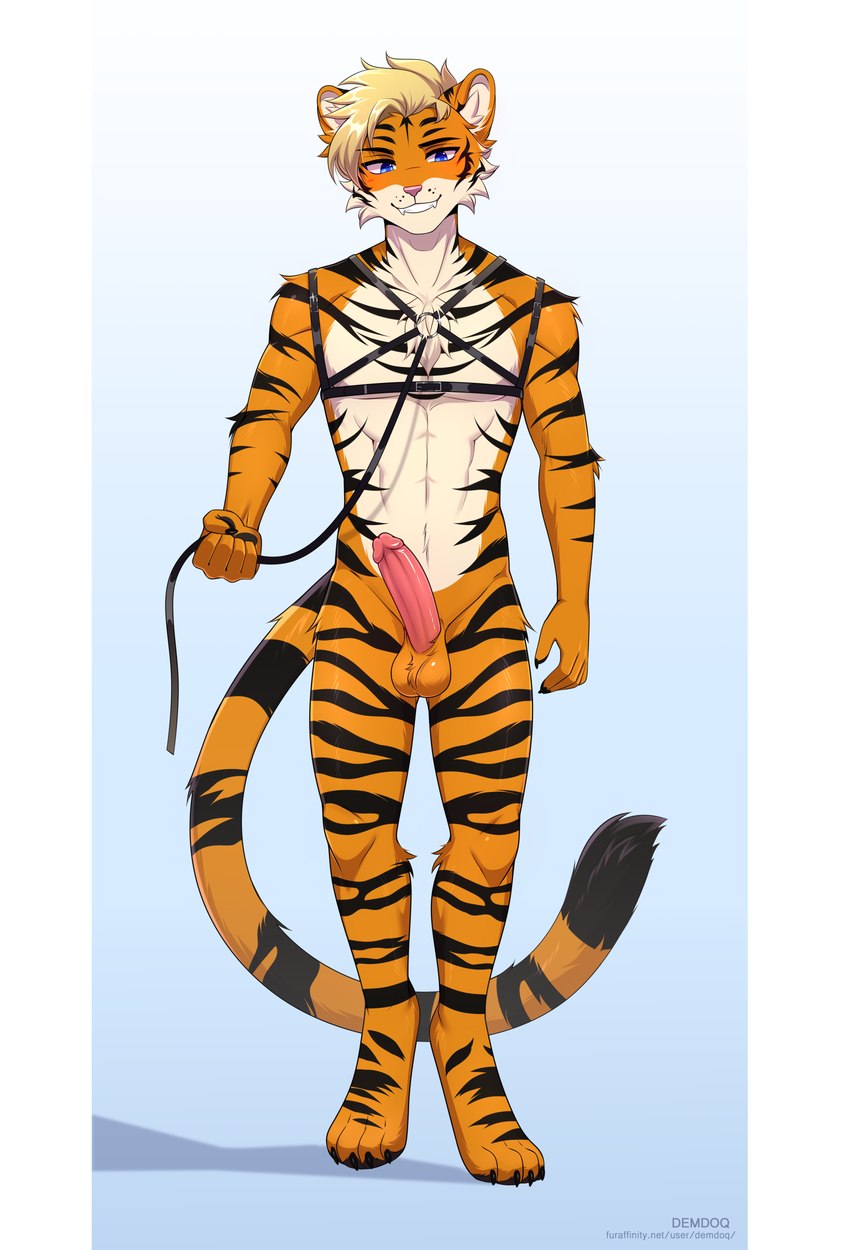 anthro balls black_stripes blonde_hair blue_eyes blush erection fur genitals hair harness humanoid_genitalia humanoid_penis leash looking_at_viewer male markings nude orange_body orange_fur penis pink_penis simple_background smile solo striped_body striped_markings striped_tail stripes tail tail_markings text demdoq sibir felid mammal pantherine tiger absurd_res full-length_portrait hi_res portrait url