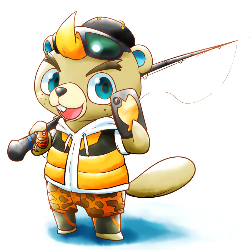 anthro blonde_hair buckteeth cellphone chibi clothing electronics eyewear fishing_rod freckles hair hat headgear headwear male phone selfie smartphone solo sunglasses teeth kinakomochi animal_crossing nintendo c.j._(animal_crossing) beaver mammal rodent 1:1