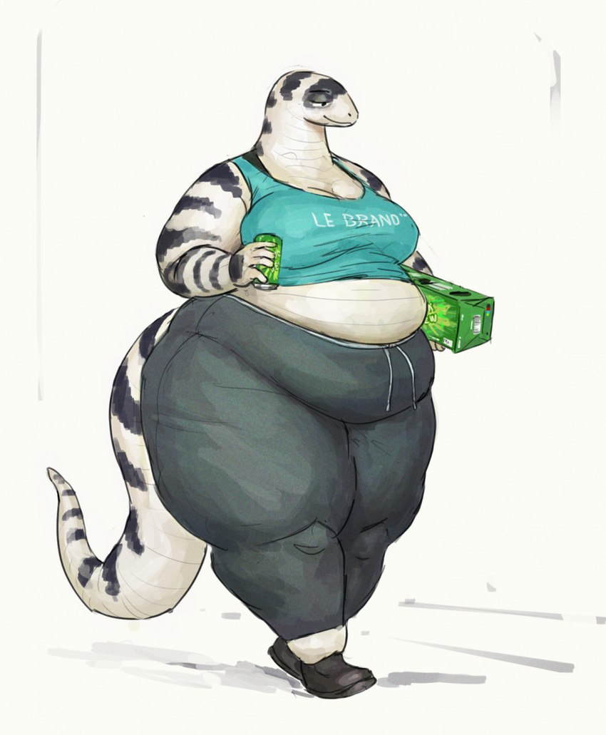 anthro belly beverage_can big_belly big_breasts bottomwear box breasts can clothed clothing container crop_top exposed_belly female footwear fully_clothed high_waisted_bottomwear holding_can holding_container holding_object huge_thighs obese obese_anthro obese_female overweight overweight_anthro overweight_female pants shirt shoes simple_background solo striped_body stripes sweatpants tank_top thick_thighs topwear walking white_background white_body white_skin wide_hips cettus maeve_gibson california_kingsnake colubrid kingsnake lampropeltini reptile scalie snake 2020 hi_res