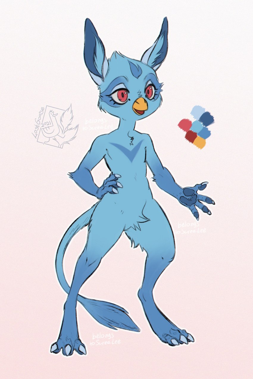 anthro arm_tuft beak blue_body blue_ears blue_fur blue_pawpads cheek_tuft color_swatch crotch_tuft elbow_tuft eyelashes facial_tuft featureless_crotch femboy front_view fur hand_on_hip head_tuft male nude open_mouth pawpads red_eyes simple_background solo tuft white_background yellow_beak lostgoose furby furby_(species) 2021 dated hi_res