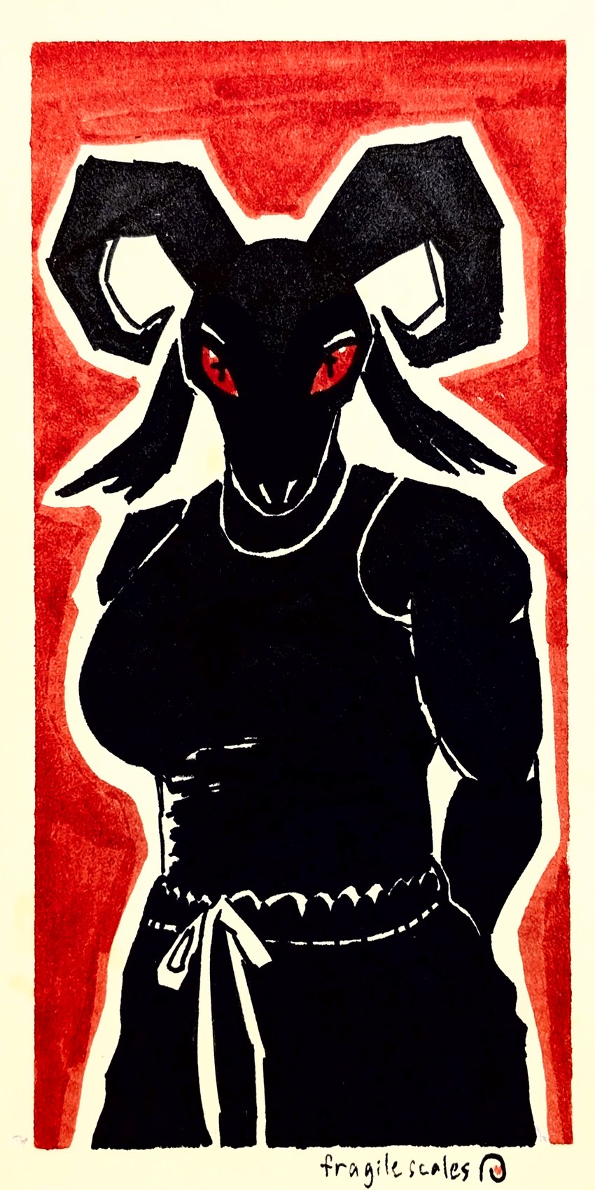 black_body black_fur bottomwear clothed clothing cross_eyes female fur horn ink looking_at_viewer pants red_background red_eyes simple_background solo sweatpants fragilescales bovid caprine goat mammal 1:2 hi_res marker_(artwork) traditional_media_(artwork)