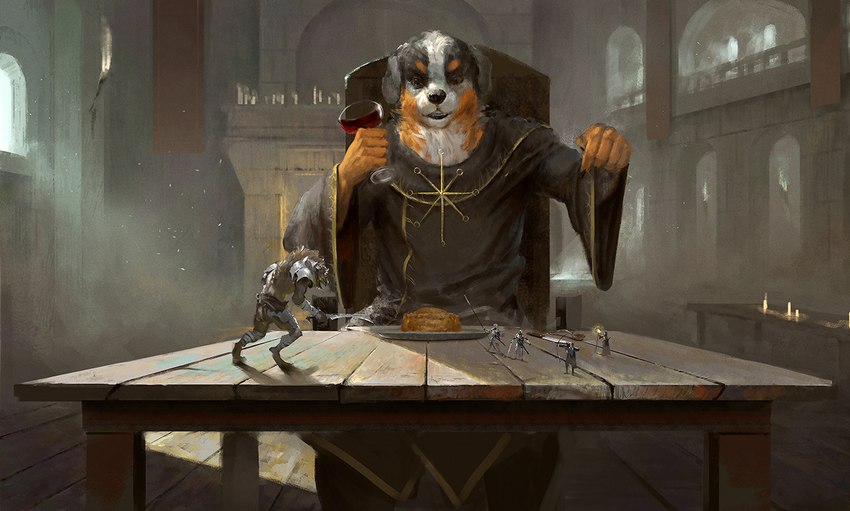 5_fingers angry anthro armor arrow_(weapon) bread candle chair container cup drinking_glass fingers food furniture glass glass_container glass_cup group knight larger_male macro male melee_weapon micro plate ranged_weapon sitting size_difference sword table torch warrior weapon wine_glass sasha_shkip canid canine canis domestic_dog human hyena mammal 2025 digital_media_(artwork)