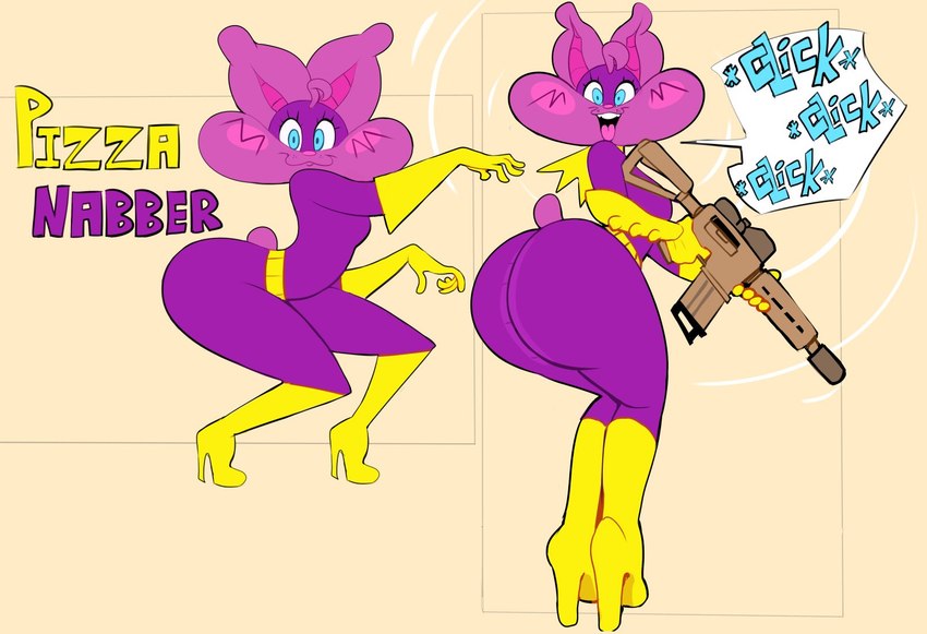 5_fingers anthro blue_eyes boots clothing costume female fingers footwear fur gloves gun handwear high_heeled_boots high_heels holding_gun holding_object holding_ranged_weapon holding_rifle holding_weapon purple_body purple_fur ranged_weapon rifle scut_tail shoes short_tail solo speech_bubble tail text weapon vimhomeless sophie_slam bat mammal 2023 hi_res