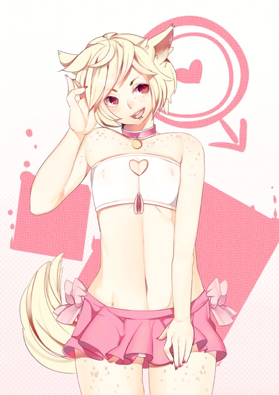 bottomwear clothed clothing collar crossdressing facial_piercing femboy gender_symbol lip_piercing male male_symbol midriff miniskirt name_tag navel nipple_outline piercing pink_eyes pink_male_symbol skirt solo symbol tail tight_clothing topwear tube_top underwear cassettecreams ayamo_nozaki animal_humanoid canid canid_humanoid canine canine_humanoid dog_humanoid humanoid mammal mammal_humanoid hi_res