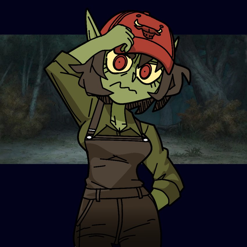 baseball_cap clothing female frown green_body green_skin hat headgear headwear long_ears looking_at_viewer not_furry overalls red_eyes solo bunny75 helltaker malina_(helltaker) goblin humanoid 1:1 traced