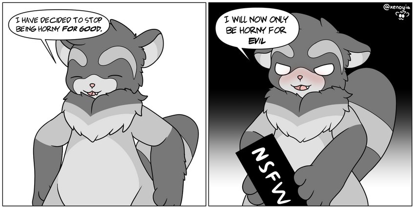 anthro blush border censor_bar censored_genitalia dialogue humor male solo text white_border xenoyia kalen_(xenoyia) canid canine mammal procyonid raccoon raccoon_dog tanuki censored comic english_text hi_res meme