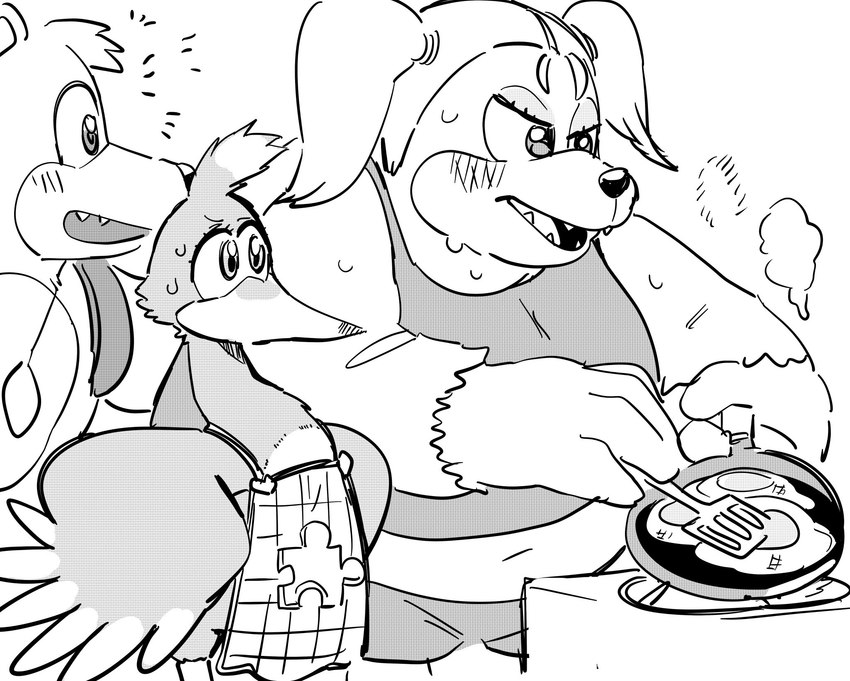 alternate_form anthro apron bodily_fluids clothing cooking female fur group male sweat trio oposa banjo-kazooie rareware banjo_(banjo-kazooie) kazooie tooty hi_res monochrome