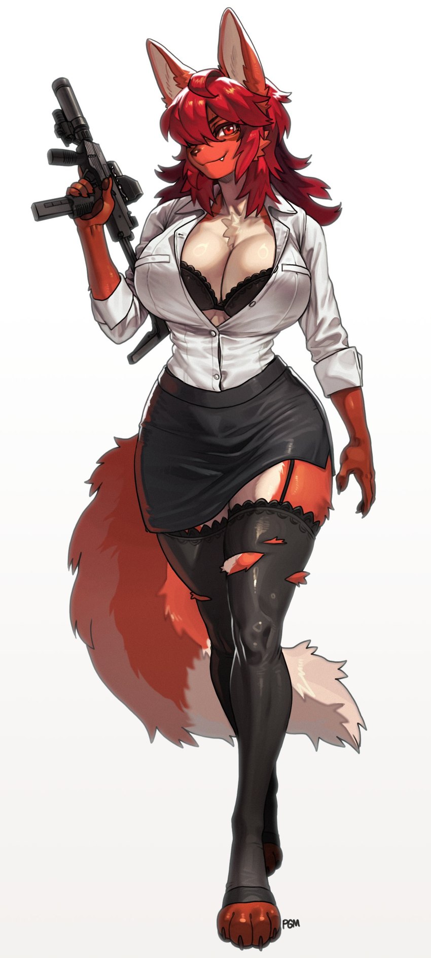 4_toes 5_fingers anthro bottomwear bra breasts claws clothed clothed_anthro clothed_female clothing feet female finger_claws fingers front_view fully_clothed fully_clothed_anthro fully_clothed_female fur gun hair handpaw holding_gun holding_object holding_ranged_weapon holding_weapon legwear looking_at_viewer mp9 paws ranged_weapon red_body red_eyes red_fur red_hair red_tail simple_background skirt smile solo standing tail teeth toe_claws toes topwear torn_clothing torn_legwear underwear weapon white_background pgm300 canid canine fox mammal 2025 absurd_res digital_media_(artwork) hi_res