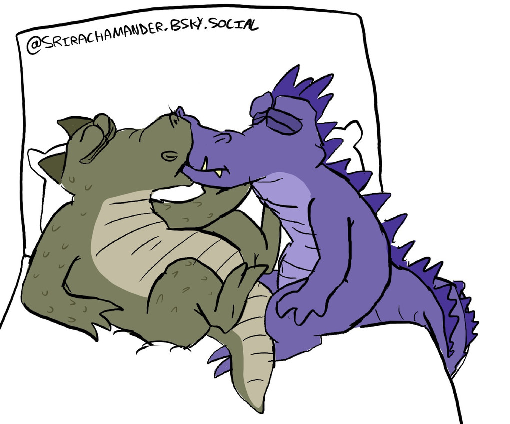 anthro bed duo furniture intimate kiss_on_lips kissing lying male male/male null on_back on_bed passionate passionate_kiss romantic romantic_couple sitting srirachamander alligator alligatorid crocodilian reptile scalie hi_res