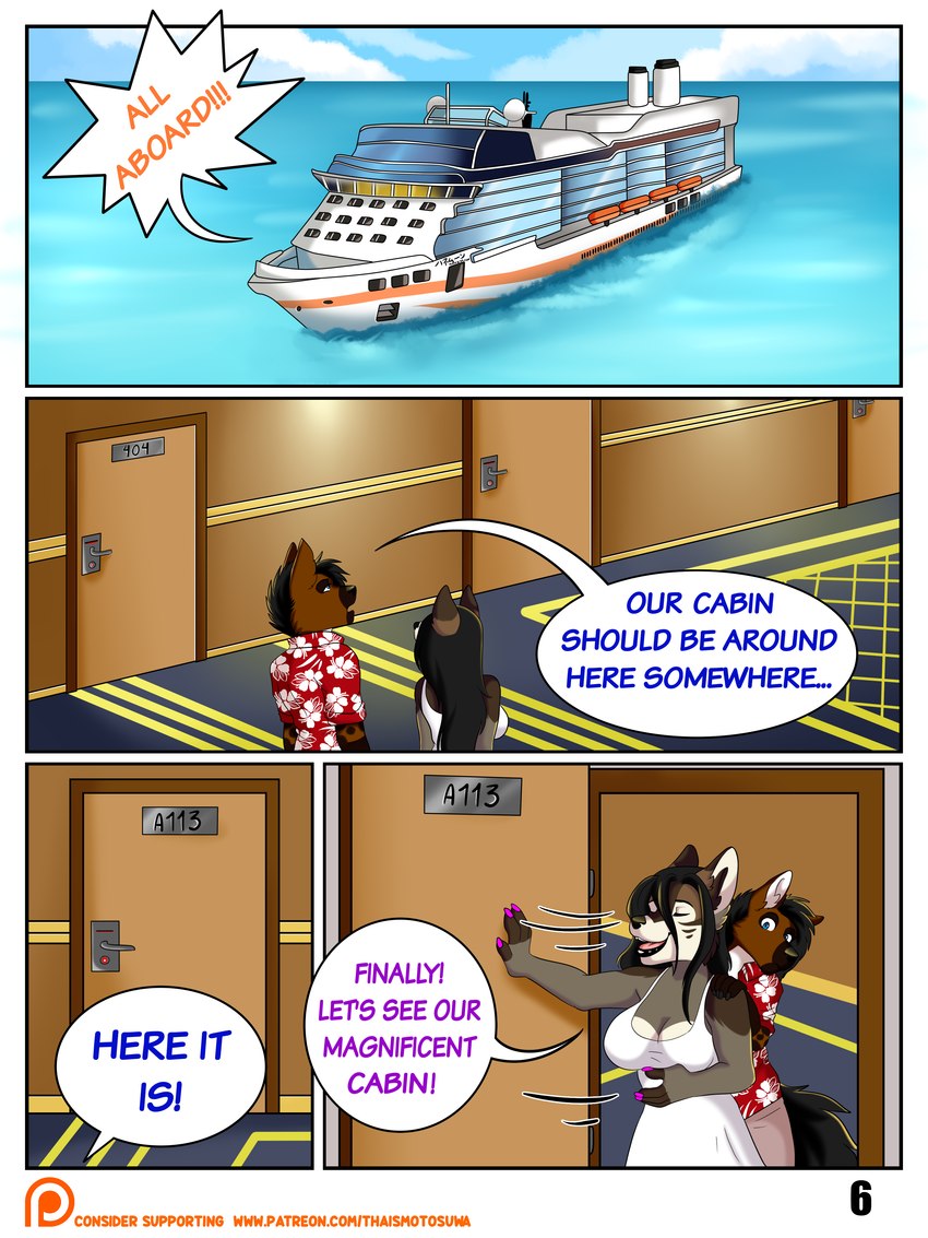 anthro clothed clothing comic_panel cruise_ship dialogue dialogue_box door doorframe doorway dress duo female honeymoon_cruise inside male male/female merchant_ship passenger_ship sea ship speech_bubble vehicle water watercraft conditional_dnp thaismotosuwa alst menzo canid canine canis hyena mammal mexican_wolf wolf 2019 absurd_res comic hi_res