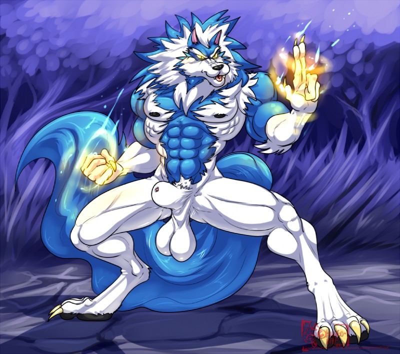 4_toes 5_fingers abs animal_genitalia anthro balls biceps biped blue_body blue_hair blue_skin digitigrade eyebrows feet fighting_pose fingers fist flaccid forest fully_sheathed genitals glowing glowing_eyes glowing_hands hair magic male multicolored_body multicolored_hair multicolored_skin muscular muscular_anthro muscular_male night nipples nude pawpads paws penis penis_tip pink_penis plant pose saggy_balls sheath solo standing toes tree two_tone_body two_tone_hair two_tone_skin white_balls white_body white_hair white_skin hungothenomster capcom darkstalkers mythology jon_talbain canid canine canis mammal mythological_canine mythological_creature werecanid werecanine werecreature werewolf wolf 2017