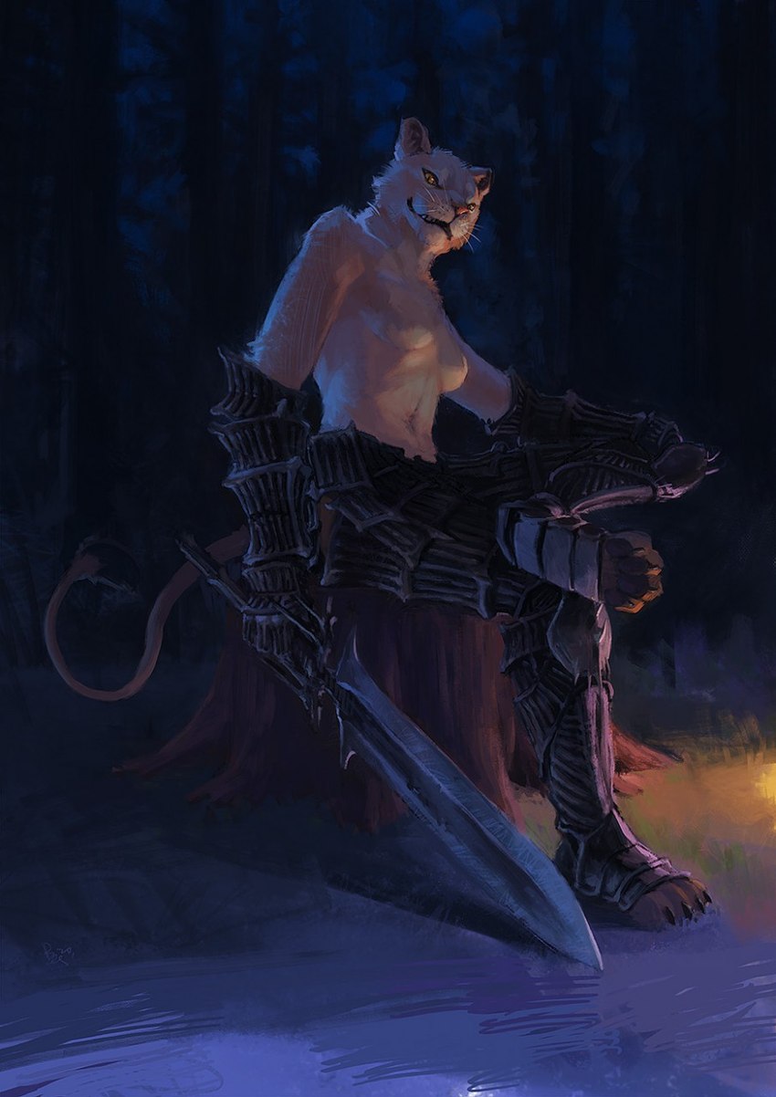 anthro armor athletic athletic_anthro athletic_female biped breasts claws clothed clothing featureless_breasts female female_anthro footwear forest forest_background fur gauntlets gloves handwear holding_melee_weapon holding_object holding_sword holding_weapon looking_at_viewer low-angle_view melee_weapon nature nature_background navel night pawpads paws pink_nose plant plantigrade pupils sitting slit_pupils solo sword tail teeth_showing toe_claws toeless_footwear topless topless_anthro topless_female tree tree_stump weapon whisker_spots whiskers white_body white_fur yellow_eyes racoonwolf dark_souls fromsoftware felid lion mammal pantherine 2020 digital_media_(artwork) hi_res shaded
