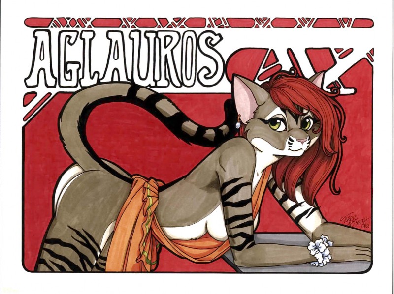 anthro art_deco art_nouveau bent_over bracelet breasts butt clothed clothing ear_piercing female green_eyes hair jewelry long_hair looking_at_viewer markings mucha piercing pink_nose raised_tail red_hair ring_(marking) ringed_tail side_boob side_view skimpy smile solo striped_markings striped_tail stripes tail tail_markings text terrie_smith felid mammal 2001 signature traditional_media_(artwork)