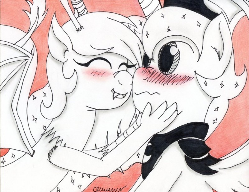 blush crossgender duo eyes_closed feathered_wings feathers female hair horn male membrane_(anatomy) membranous_wings smile wings the1king friendship_is_magic hasbro my_little_pony mythology discord_(mlp) princess_luna_(mlp) chimera draconequus equid equine mammal mythological_creature mythological_equine winged_unicorn traditional_media_(artwork)