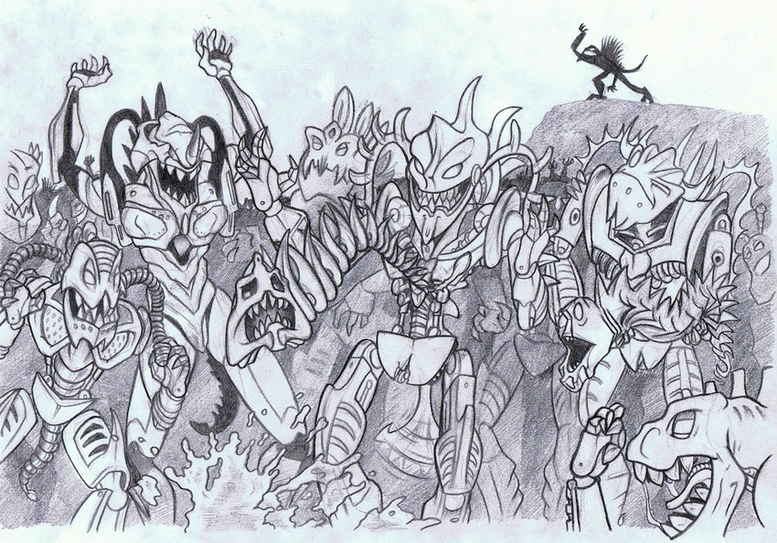 ambiguous_gender armor back_spikes biped bodily_fluids claws cliff frown grey_body grey_scales group horn machine muscular not_furry open_mouth outside raised_arm saliva scales sharp_teeth simple_background smile spiked_tail spikes spikes_(anatomy) splash standing tail tail_motion tailwag teeth toe_claws tongue tongue_out water white_background vrahno bionicle lego neon_genesis_evangelion avak eva_unit_01 thok evangelion_(cyborg) humanoid piraka reptile robot scalie skakdi snake 2010 black_and_white crossover graphite_(artwork) greyscale hi_res monochrome sketch traditional_media_(artwork)