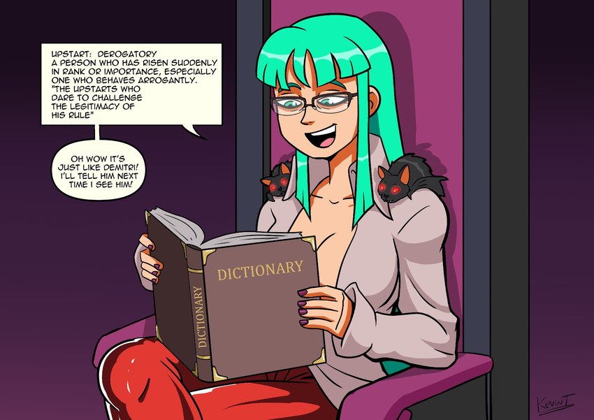 breasts cleavage clothed clothing dictionary female green_hair hair humor reading reading_glasses solo text kevin_t capcom darkstalkers morrigan_aensland bat humanoid mammal succubus english_text hi_res