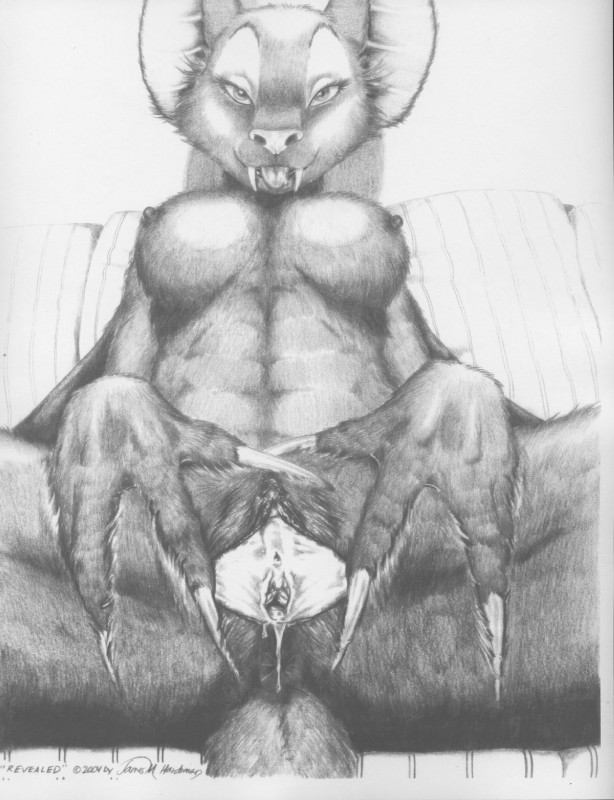 anthro anus biped bodily_fluids breasts claws fangs female female_urethra genital_fluids genitals inviting looking_at_viewer nipples nude presenting pussy scut_tail short_tail sitting solo spread_pussy spreading tail tail_anus teeth urethra vaginal_fluids james_m_hardiman veronika_(jmh) bat mammal 2004 greyscale hi_res monochrome