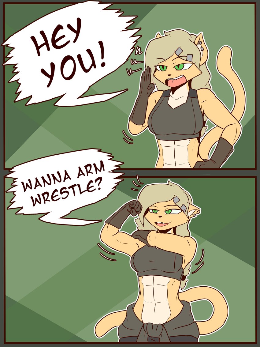 abs anthro black_nose blonde_hair breasts clothing ear_piercing female fur gloves green_eyes hair handwear muscular muscular_female nipples piercing ponytail solo speech_bubble text the_man bridge_(the_man) felid feline mammal 2023 3:4 absurd_res english_text hi_res