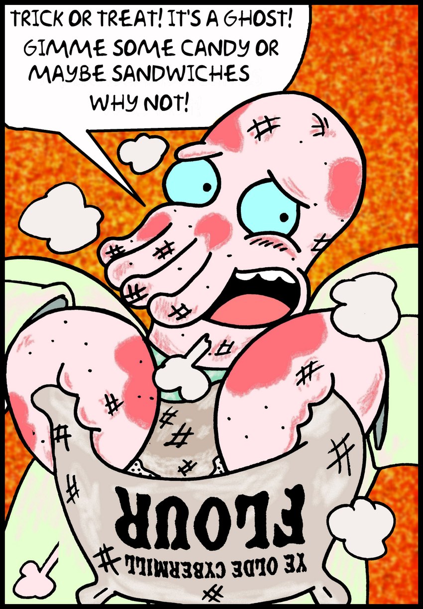 anthro bald black_outline black_text blue_sclera bruised chela clothing coat crab_claw first_person_view flour flour_sack holidays lab_coat looking_at_viewer male open_mouth outline pink_body pink_skin solo speech_bubble tentacle_mouth tentacles text topwear trick-or-treating white_lab_coat white_speech_bubble mightyfilm comedy_central futurama halloween doctor_zoidberg alien arthropod crustacean decapodian_(futurama) marine 2015 absurd_res digital_drawing_(artwork) digital_media_(artwork) english_description english_text hi_res