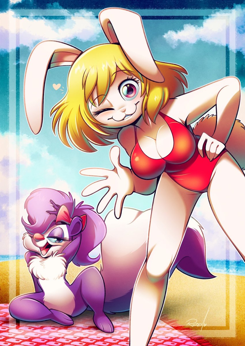 anthro beach clothing duo female one-piece_swimsuit one_eye_closed swimwear wink vaporotem one_piece tiny_toon_adventures warner_brothers carrot_(one_piece) fifi_la_fume hi_res